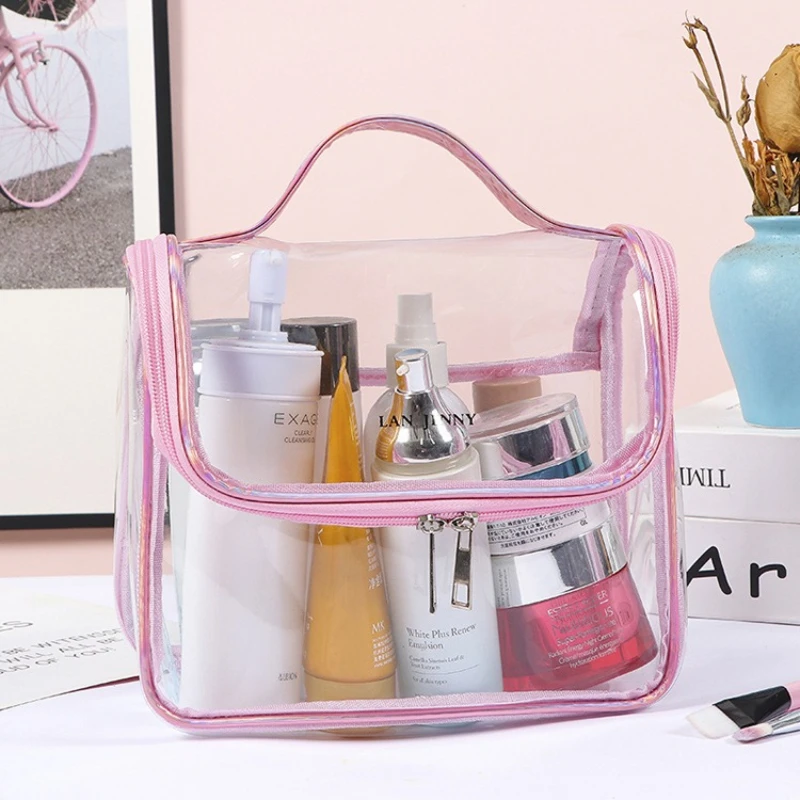 Large Capacity Clear PVC Cosmetic Bag, Waterproof Transparent Toiletry Bag Organizer with Top Handle for Travel Daily Use