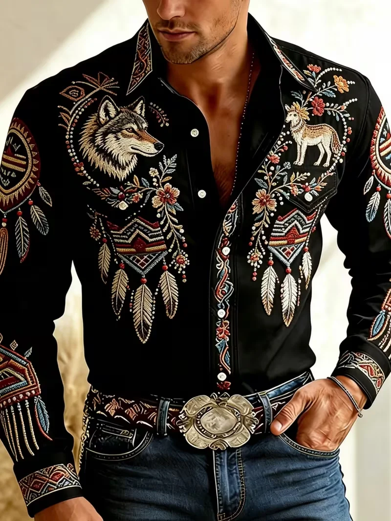 New men's Vine Flower White Line 3D Printed Pattern Long Sleeved Shirt Washed Denim Collar Travel Top Clothing