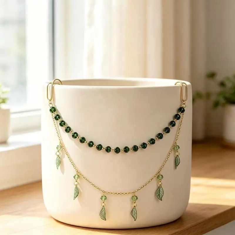 Plant Pot Hanging Accent with Green Faux Crystal Chain and Charms, Hook On Light Catching Piece for Flower Pots, D2RD