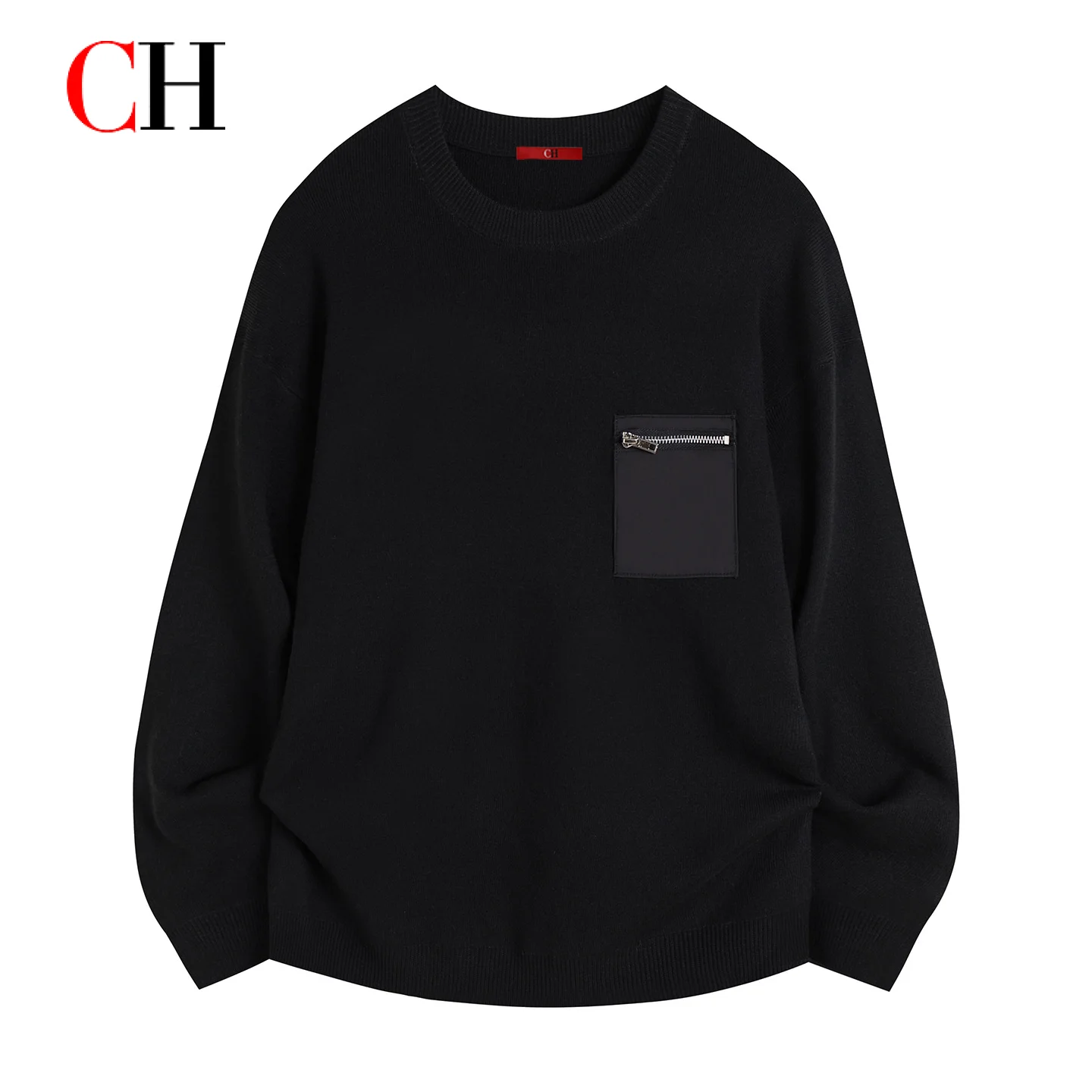 CH Black Crew Neck Knit Sweater Zip Pocket Patch Design Long Sleeve Drop Shoulder Loose Fit Casual Pullover Top