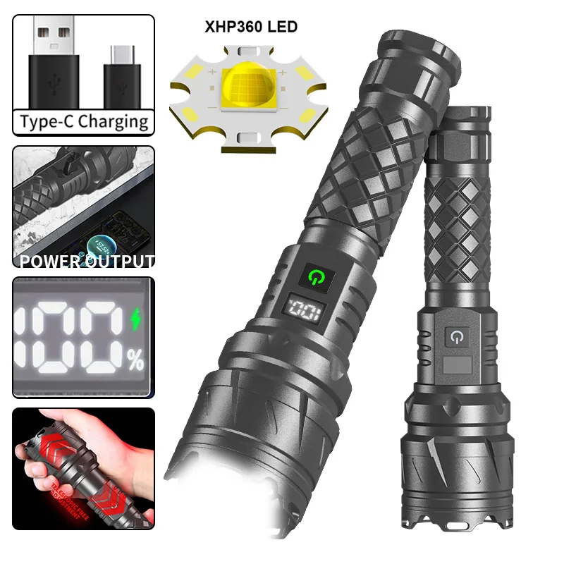 999000000LM Brightest LED Flashlight Powerful XHP360 9KM Long-Range Searchlight USB-C Rechargeable Lamps Zoom Digital Display