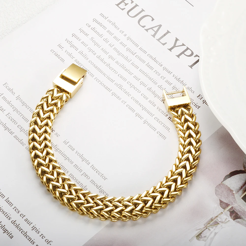 Hip Hop Stainless Steel Chunky Heavy Gold Color Bracelet Thick Texture Link Chain Rock Bracelet  for Men Women