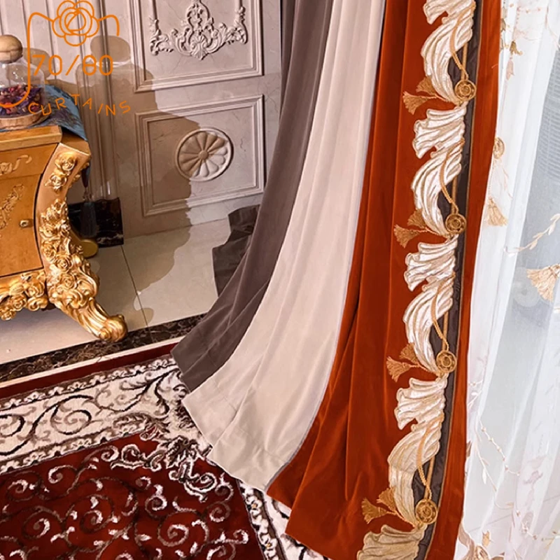 

New Orange Embroidery Velvet Mosaic Curtains for Living Room Bedroom Balcony French Window Villa Custom Finished Product