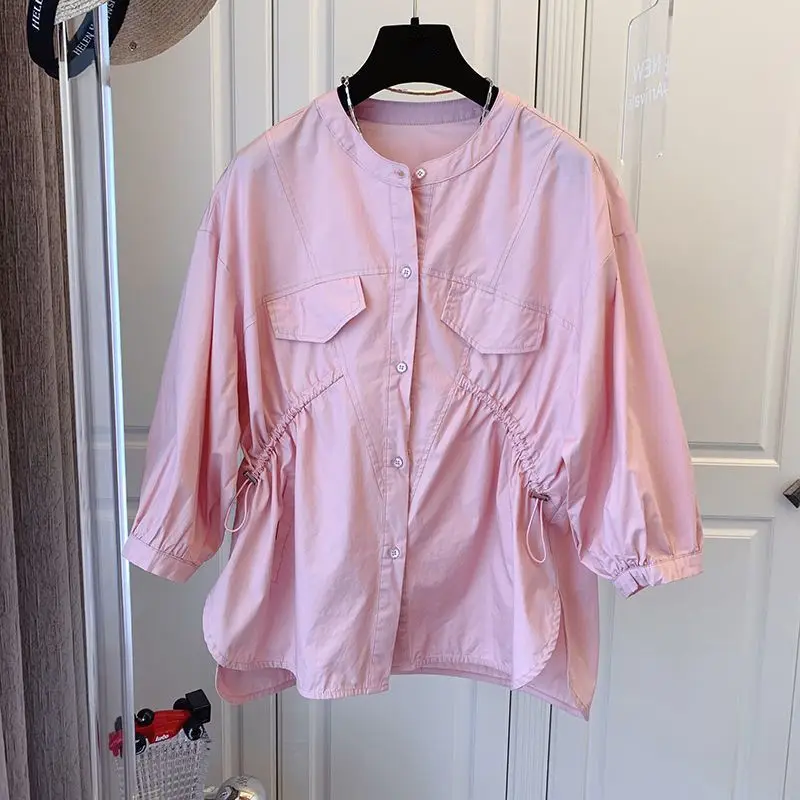 Camisa informal de manga corta con cordón y volantes de algodón estilo francés para mujer, corte holgado