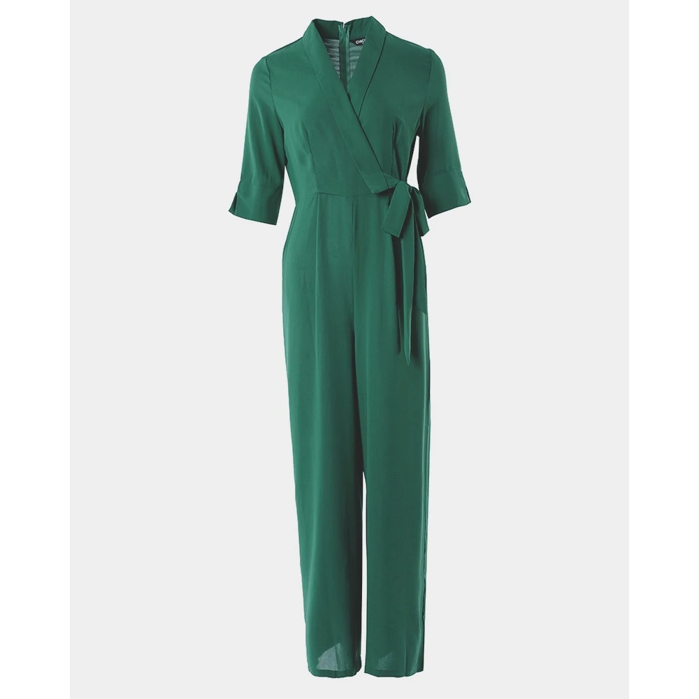 Summer Autumn Women V-Neck Lace Up Waist Half Sleeve Wide Leg Elegant Jumpsuits Lady Green Jumpsuit Workwear Free Shipping Items