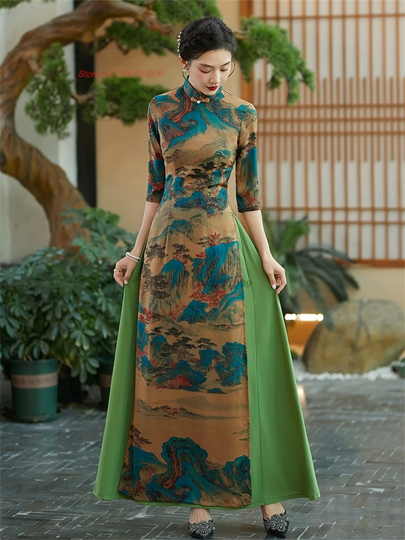 2025 vietnam traditional dress aodai improved cheongsam dress national flower print banquet qipao national evening dress vestido