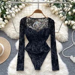 Women Hotsweet Mesh Print Vintage Square Collar Bodysuit Chic See Through Long Sleeve Jumpsuits Slim Top Rompers Autumn Clothing