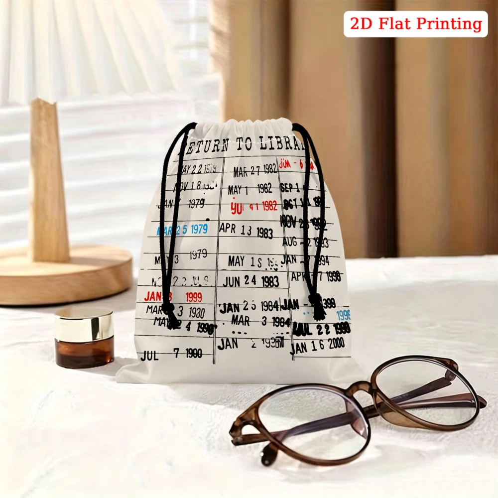 1pc Vintage Library Card Catalog Drawstring Bag White 2d Flat Printing Date Stamps Storage Small Pouch For Glasses Cosmetics Tra