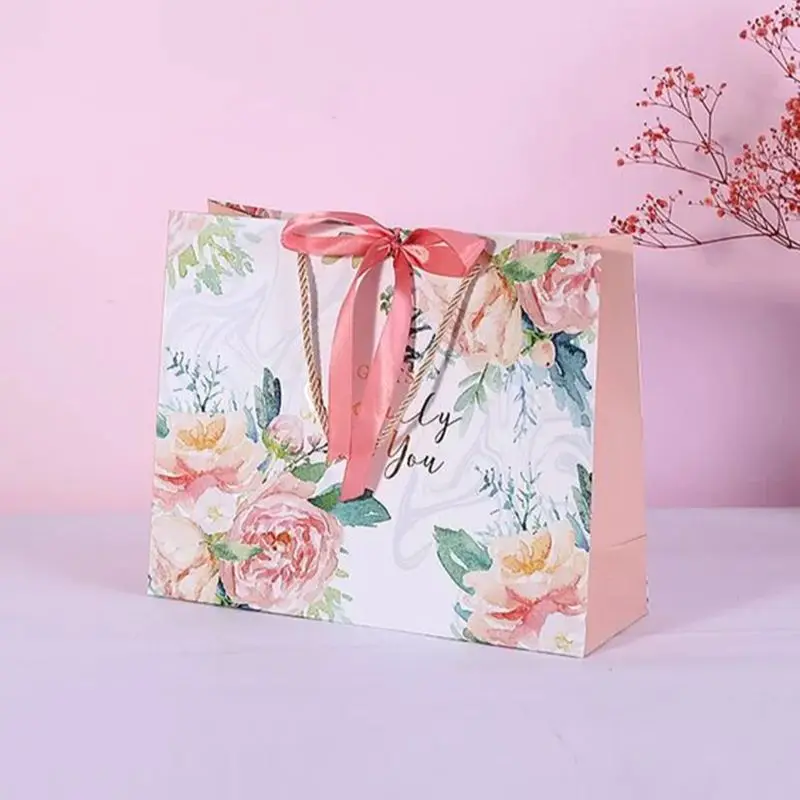 500pcs/Lot Wholesale High-End Customized Your Own Logo Printed Flower Paper Shopping Wedding Gift Packaging Bags with Handle