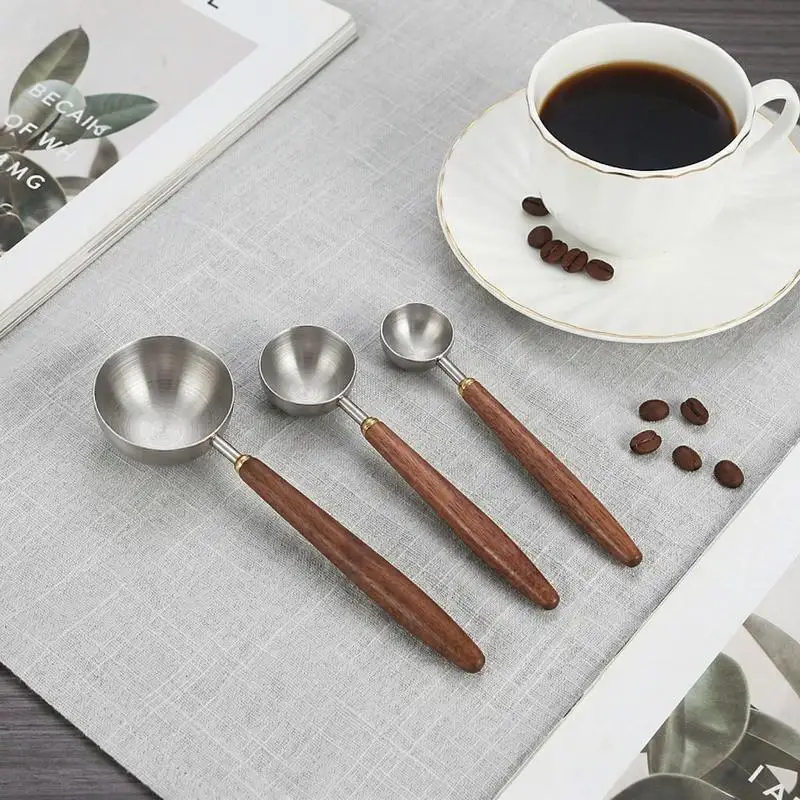 304 Stainless Steel Walnut Coffee Spoon Coffee Measure Spoon Long Handle Tablespoon For Coffee Beans Grounds Kitchen Tools