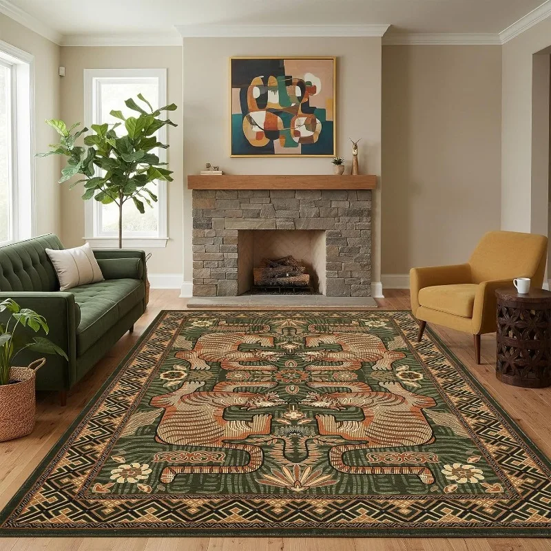 Vintage Tribal Animal Print Living Room Carpet Non-slip Machine Washable Sofa Coffee Table Floor Mat Tibetan Bedroom Soft Rug