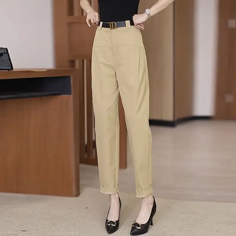 

Spring and Autumn Women's Solid Color High Waist Slim Halun Pants Button All Match Pockets Fashion Casual Commuter Trousers
