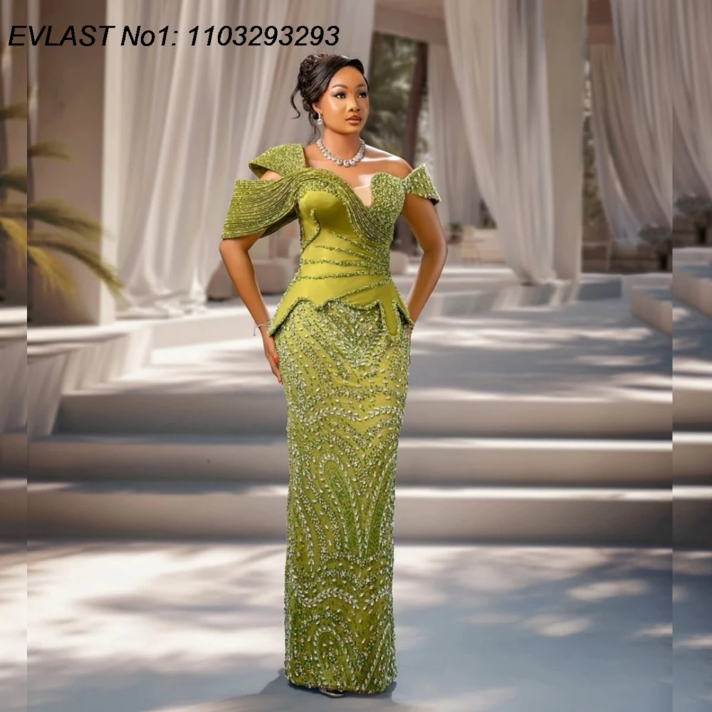 EVLAST Customized Sexy Green Sequin Crystals Mermaid Prom Dress Aso Ebi Long Women Wedding Party Gala Dress Evening Gown FP88