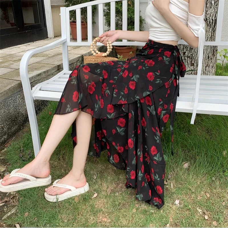 Sun Protection Beach Tailored Skirt Asymmetrical One-Piece Print Chiffon A-Line Maxi Skirt with Pleated High Waist Design