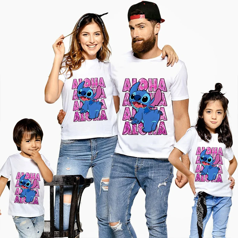 T-shirt ze ściegiem Jednakowe stroje rodzinne Tata i mama dzieci Bawełniany biały top z krótkim rękawem Strój dla rodziców i dzieci