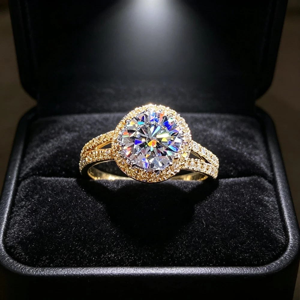 Round Cut Halo Cubic Zirconia Ring Women Split Shank Sparkling Engagement Statement Jewelry Gift for Her Birthday Gift