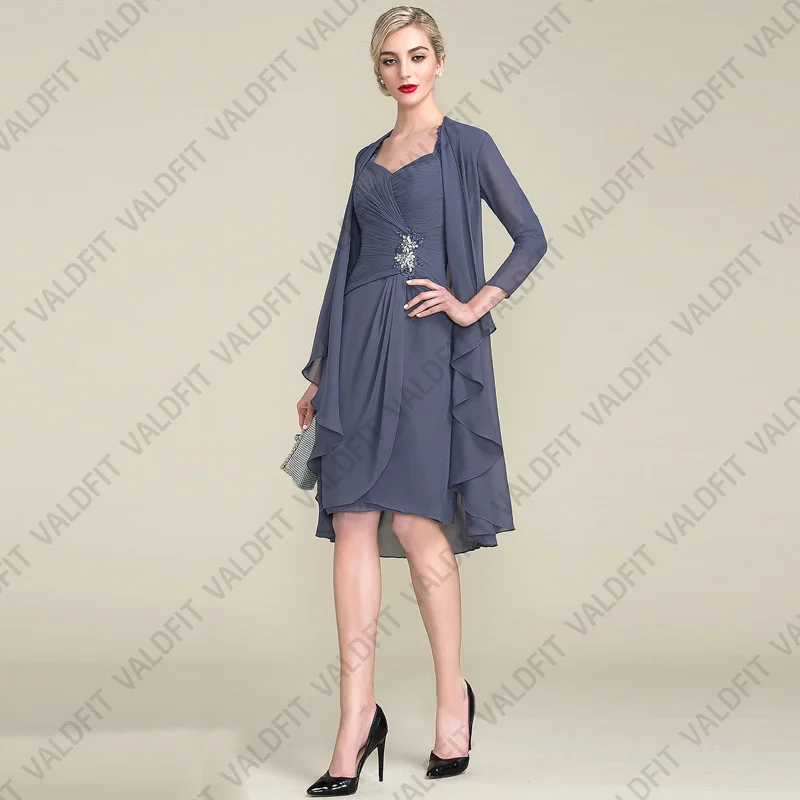

Customized Knee Length Stormy Blue Mother of the Bride Dresses with Jacket for Wedding Party Dress anne abiye elbise buyuk beden