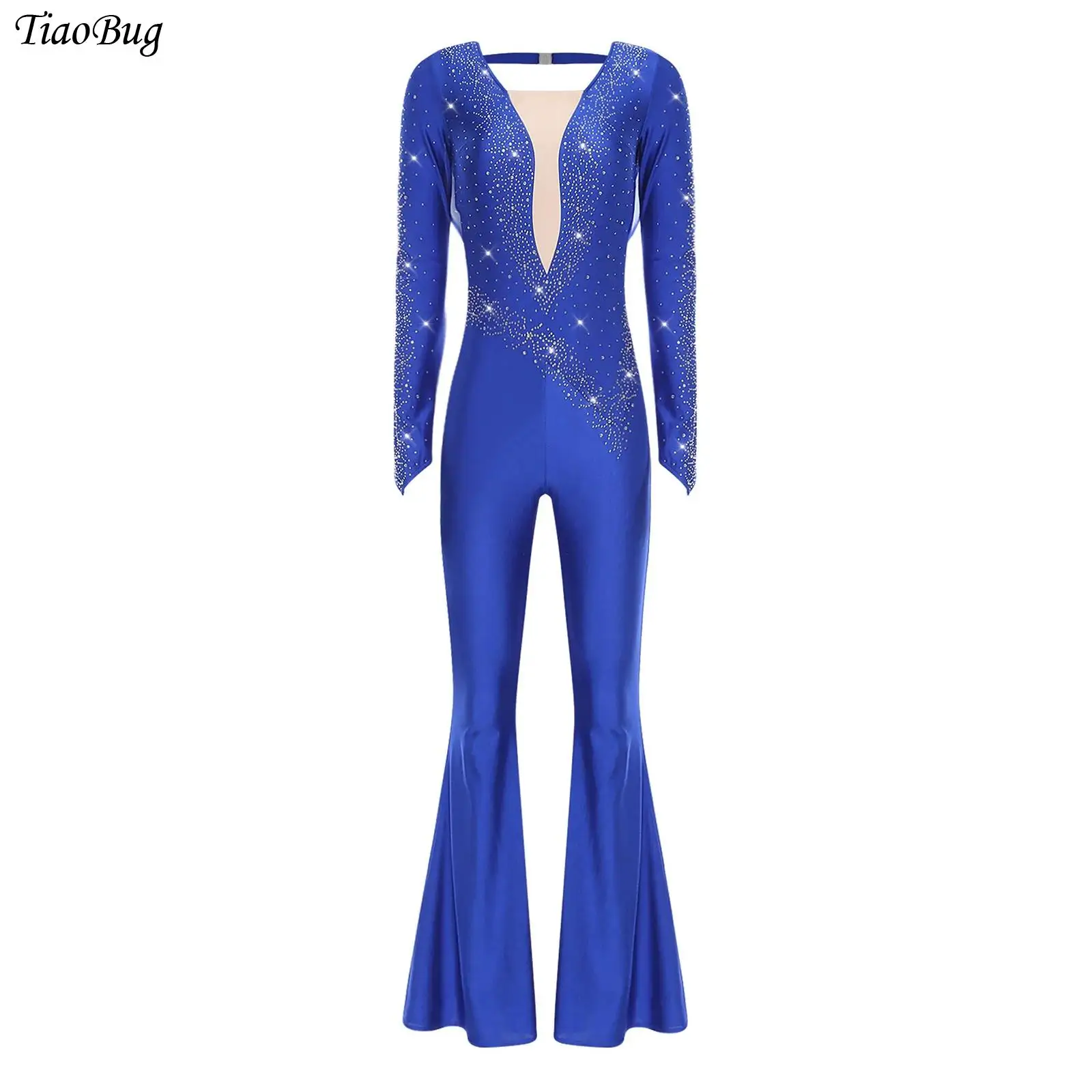 إمرأة بريق حجر الراين اللاتينية الرقص السروال القصير كم طويل شبكة جرس أسفل السراويل الجمباز ثياب بذلة تشا تشا Dancewear