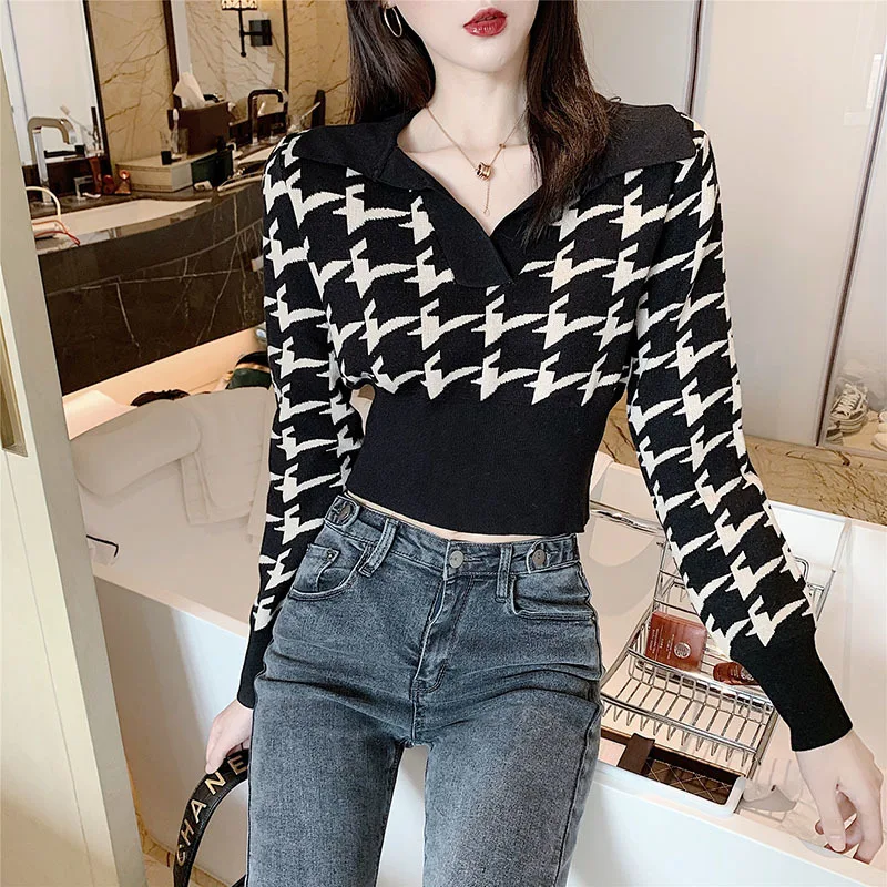 Woman Sweaters Pullover Houndstooth Peter Pan Collar Pullover Top Autumn Waist Trimming Short Outer Women Femme Chandails