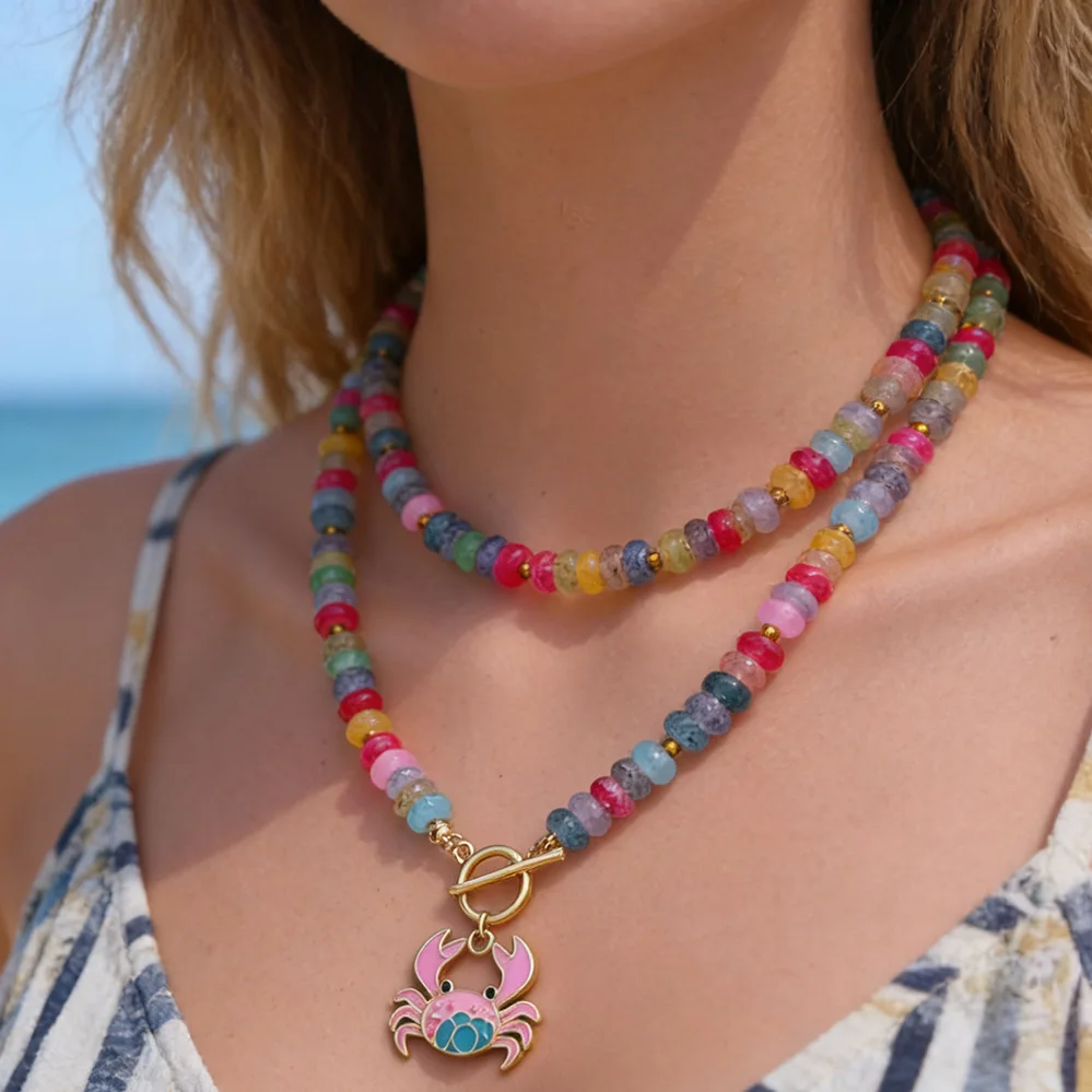 Summer Ocean Series Crab Pendant Necklace Stackable Colorful Glass Bead Tropical Fish Collarbone Chain Party Gift Beach Jewelry
