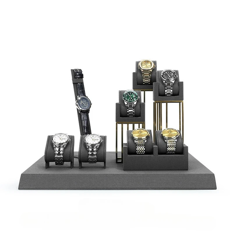 

New high-end gray jewelry display stand, double pillow bag, watch stand, rectangular metal line backplate, jewelry props