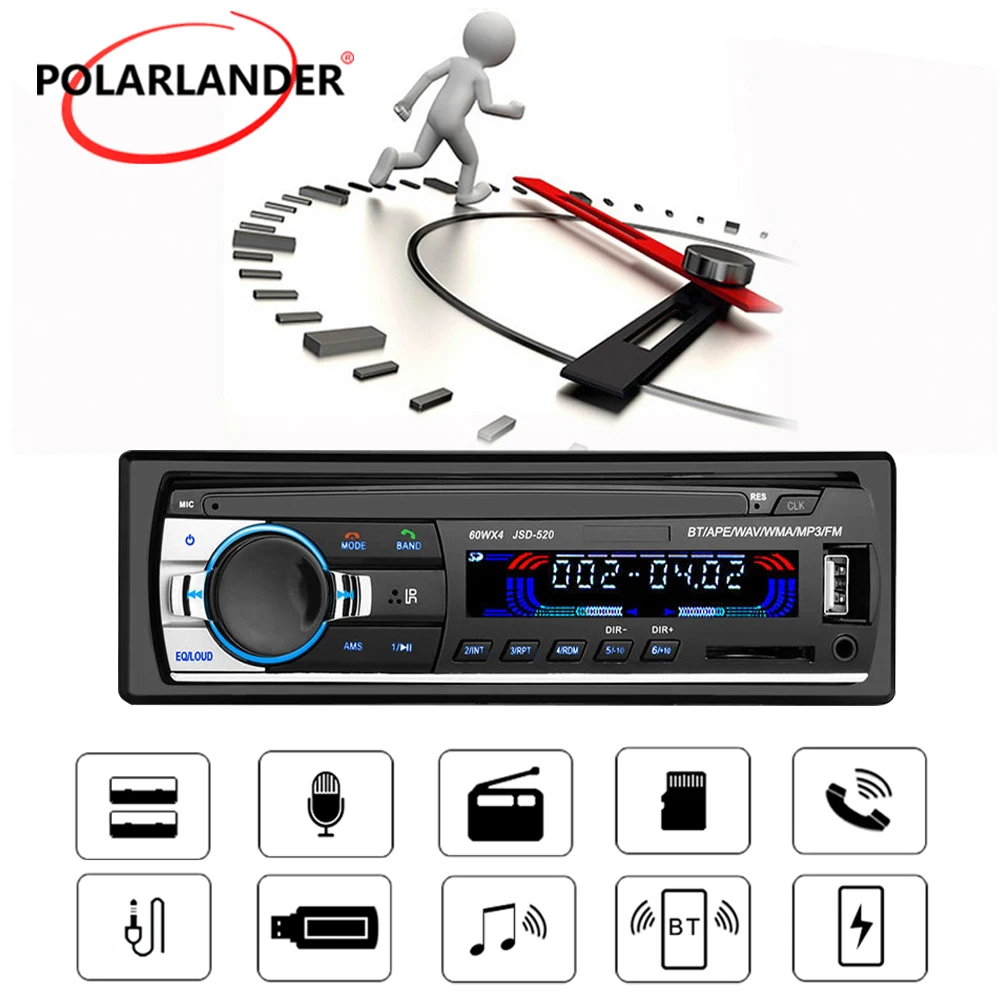 PolarLander Car Radio In Dash  Bluetooth Microphone Stereo MP3 USB/SD/MMC 12V 60W*4 Player Hands-free Calls 520LED AUX Input