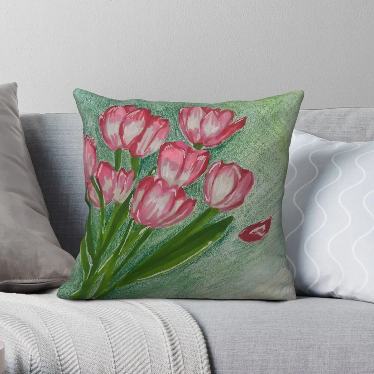 Pink Picked Tulips Pillowcase Polyester Linen Velvet Pattern Zip Decorative Car Cushion Cover