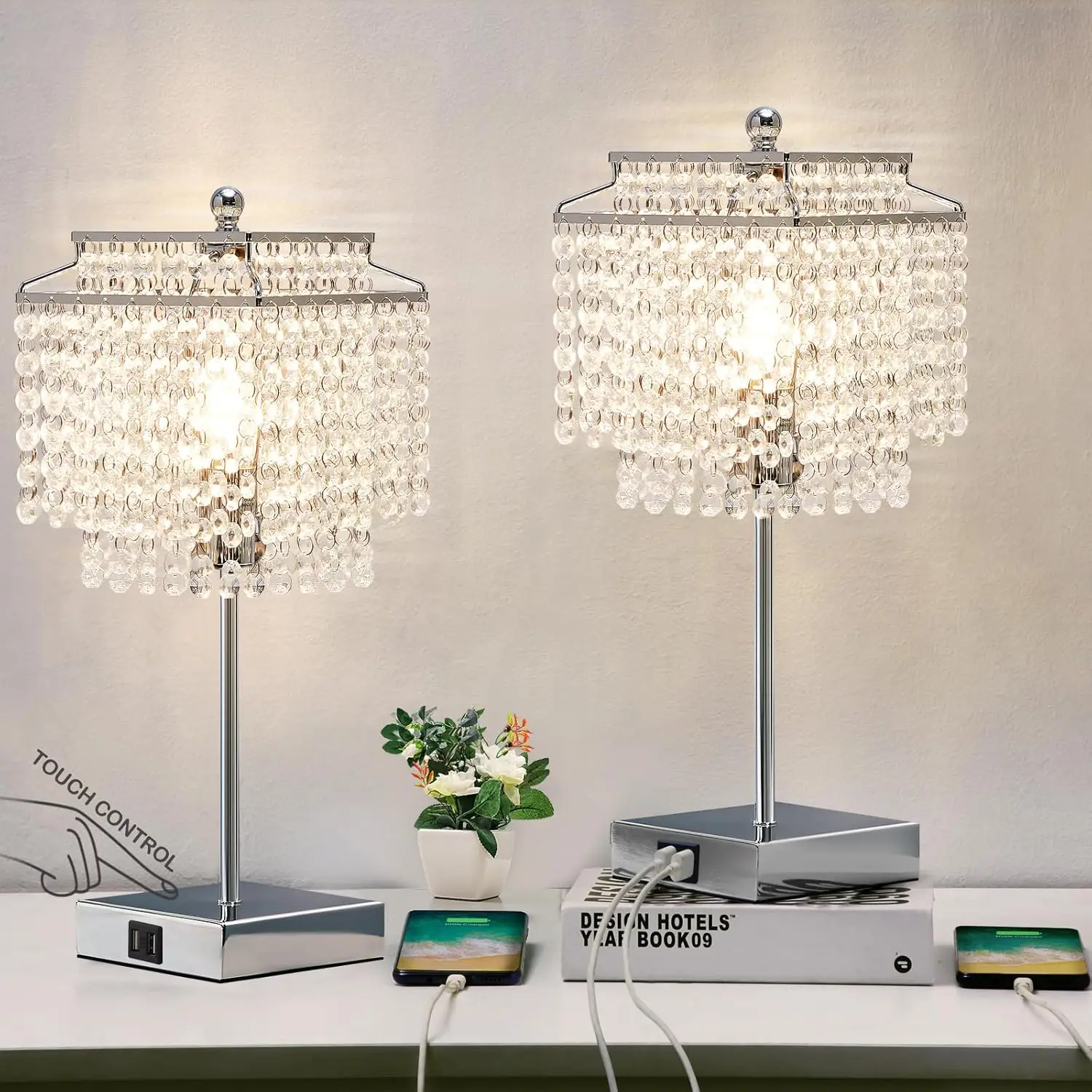 

Crystal Table Lamp Set of 2 with Touch Control, USB C+A Ports, Dimmable for Bedroom Living Room, 6W LED Bulb Included