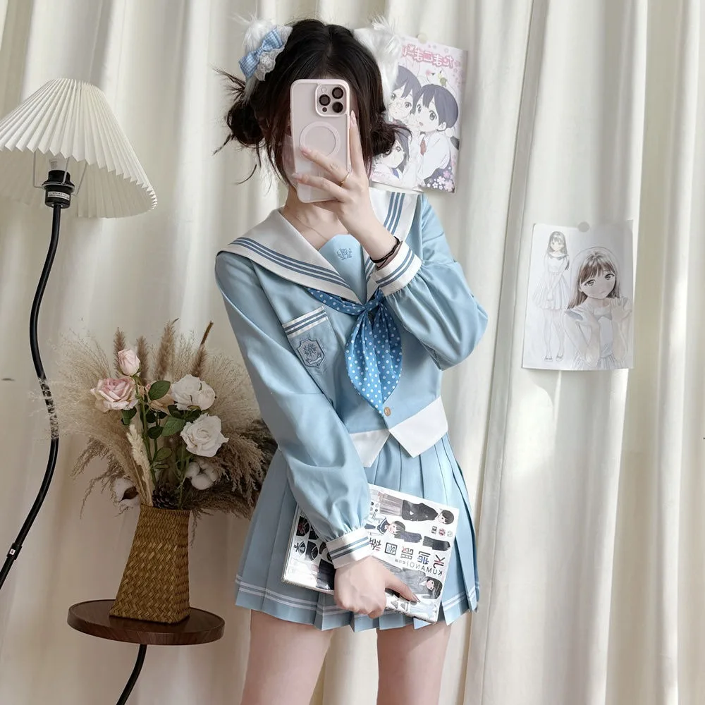 아쿠아 블루 화이트 JK 선원 복장 일본 대학 스타일 유니폼 플리츠 스커트 정장 여성용 여름 긴 소매 및 반팔