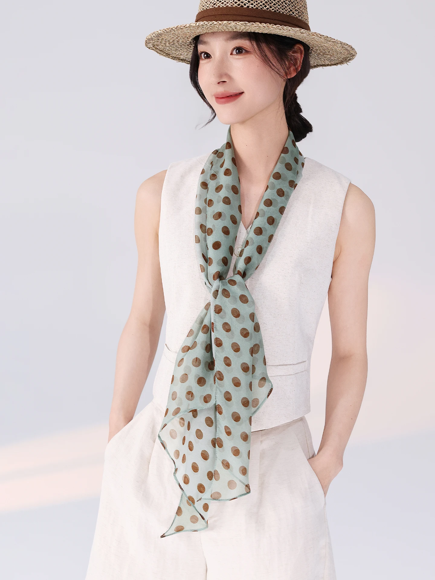夏用薄手シルクスカーフ-レディース-水玉模様-首保護-日焼け止め-ロングベルト付き-高級感ショール-韓国風-春秋