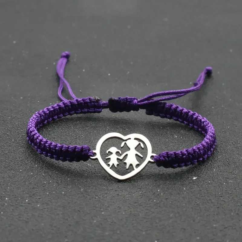 Handmade Braided Rope Bracelet Stainless Steel Heart Shaped Mother and Daughter Charm Bracelets for Women Cuff Jewelry Pulsera
