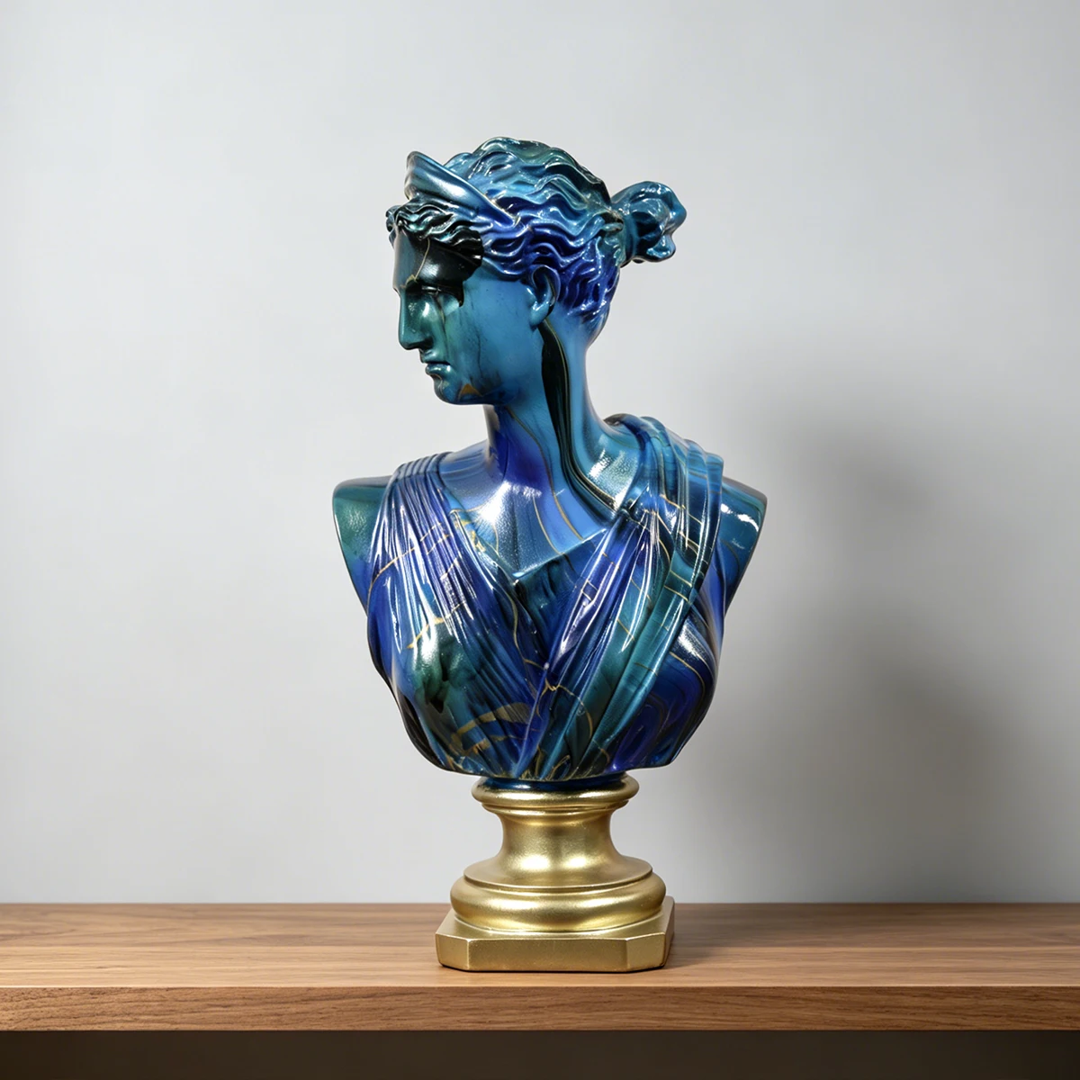 Blue Gold Artemis Bust Statue, Modern Greek Goddess Resin Sculpture, Water Transfer Marble Effect Home Decor Ornament