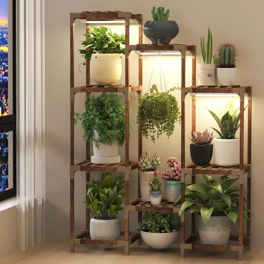 

Plant Stand with Grow Light Lighted Plant Shelf Indoor for Multiple Plants Wood Tall Plant Rack with Grow Lights Flower