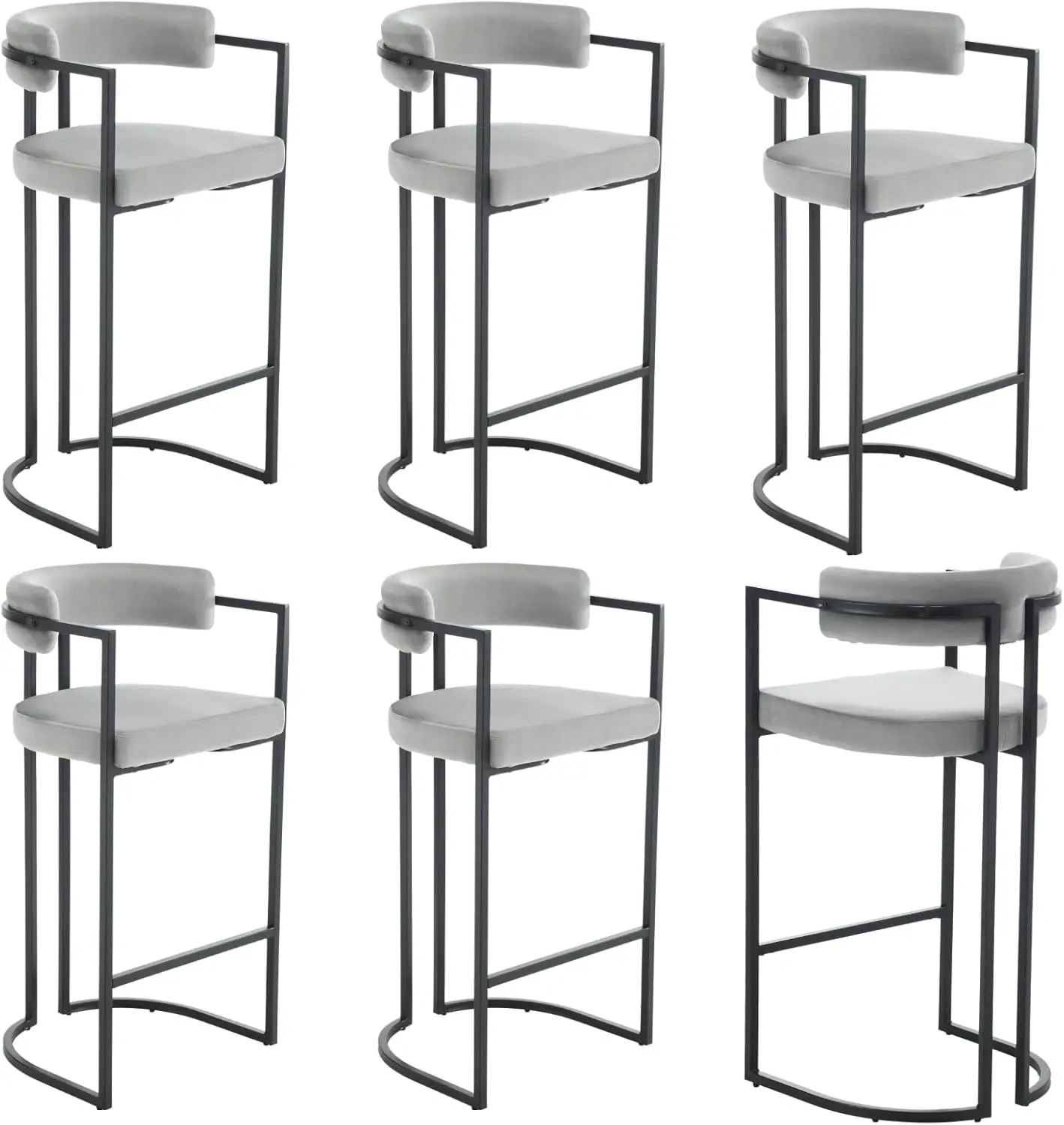 30 inç kadife Bar tabureleri 6 Set, rahat sırt ile Modern gri varil Bar tabureleri, siyah ile döşemeli yüksek yemek sandalyeleri