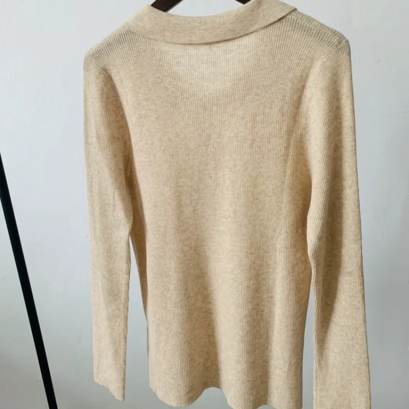 Autumn and Winter Beaded Lapel Knitwear Positive Shoulder Long-sleeved Solid Color Wool Bottoming Tops Women Sweater