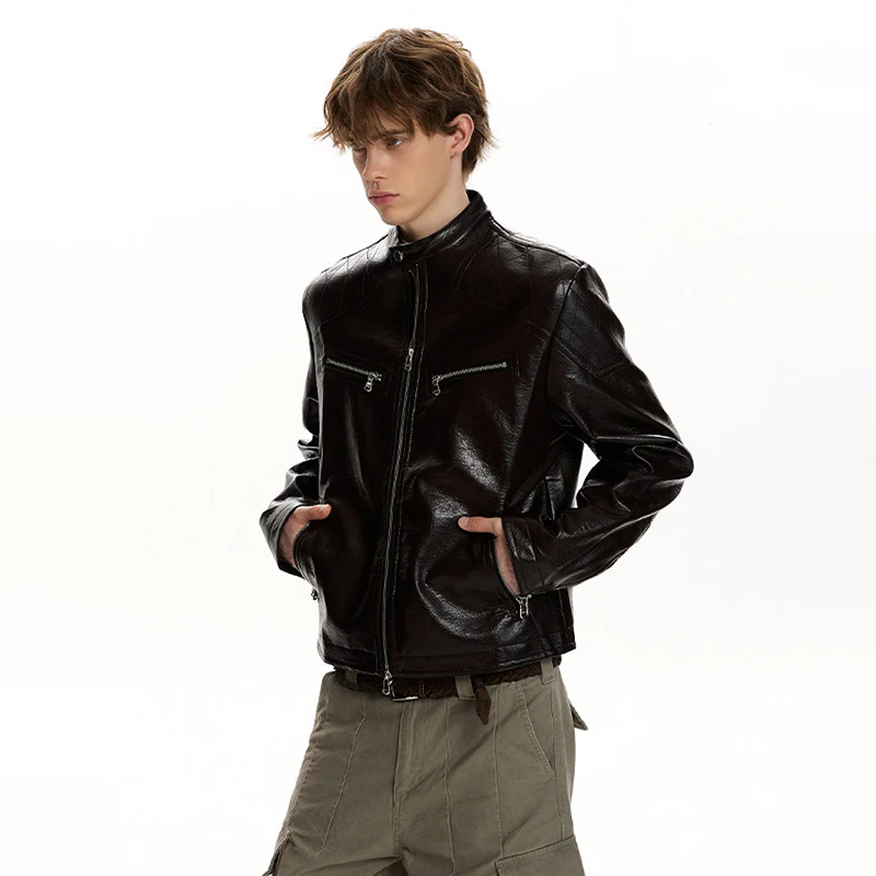 LUZHEN 2026 New Fashion Elegant Zipper Pockets Decorate Stand Neck Leather Jacket Men's Handsome Slim High Quality Coat JY9246