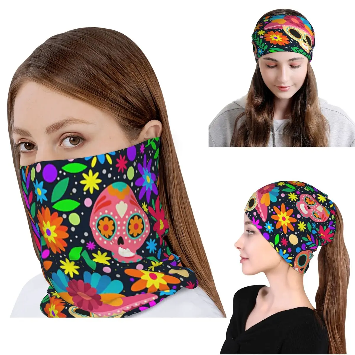 Sugar Skull Mexican Flower Halloween Day Of The Dead Bandana Neck Gaiter Wrap Scarf Multi-use Headwear Beanies Hat Windproof