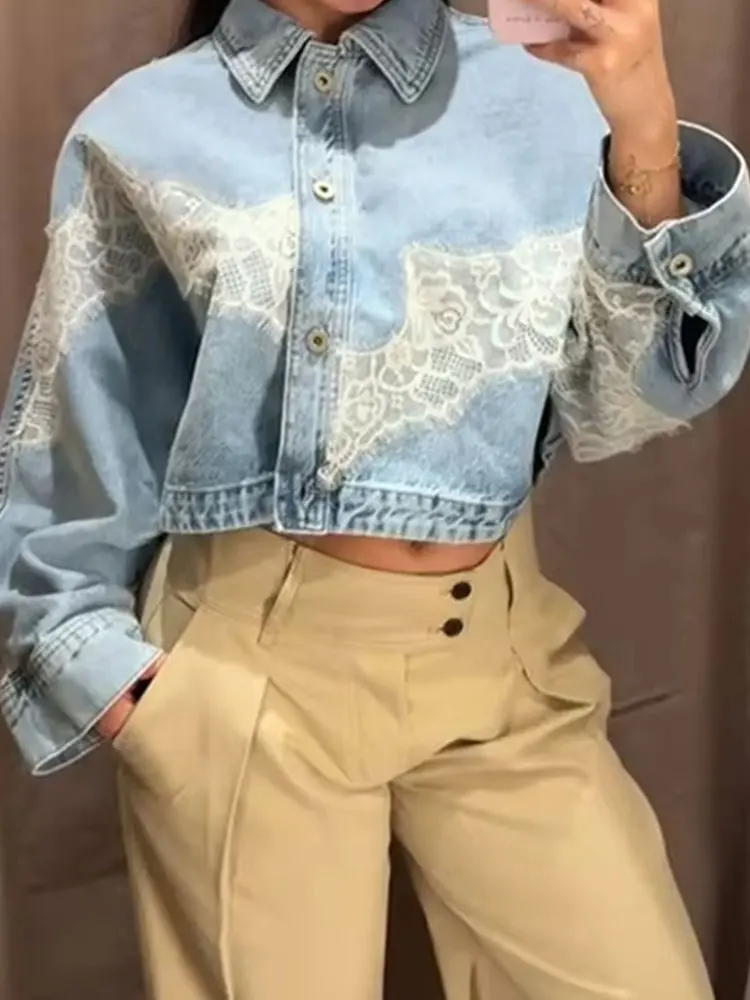 Women Elegant Floral Lace Splicing Denim Jackets Button Batwing Sleeve Cropped Coat Loose Casual Woman Chic Oversized Outwear view 5
