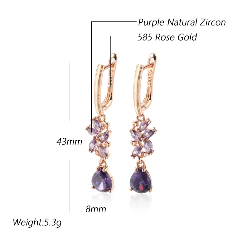 Kinel Hot Shiny Purple Natural Zircon Long Dangle Earrings for Women 585 Rose Gold Color Vintage Ethnic Bride Daily Fine Jewelry