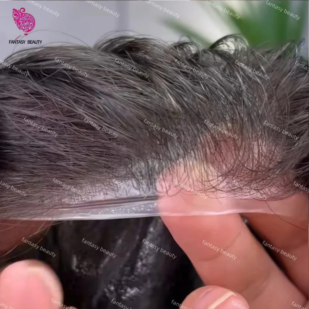 Thin Skin 0.02-0.03mm Men Toupee 80%Densit Vloop Natural Black Hair Men Wig Brown Grey 100% Human Hair System Capillary Prosthes