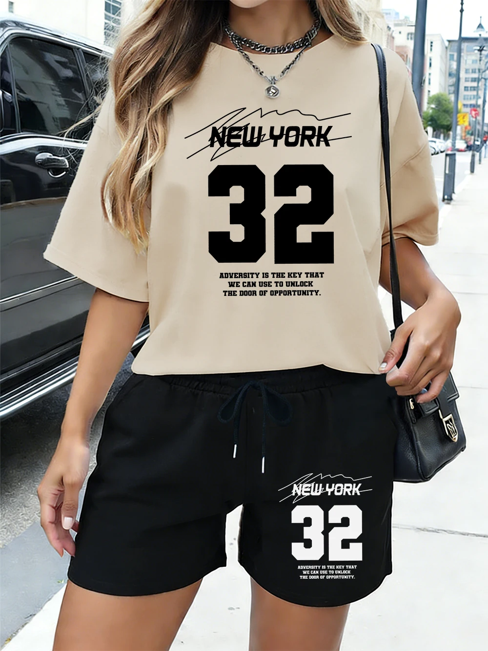 

New York Number 32 Printing Cotton T-Shirts Pants Womens Summer Two Pieces Set Tops Shorts Casual High Waisted Oversized Clothes