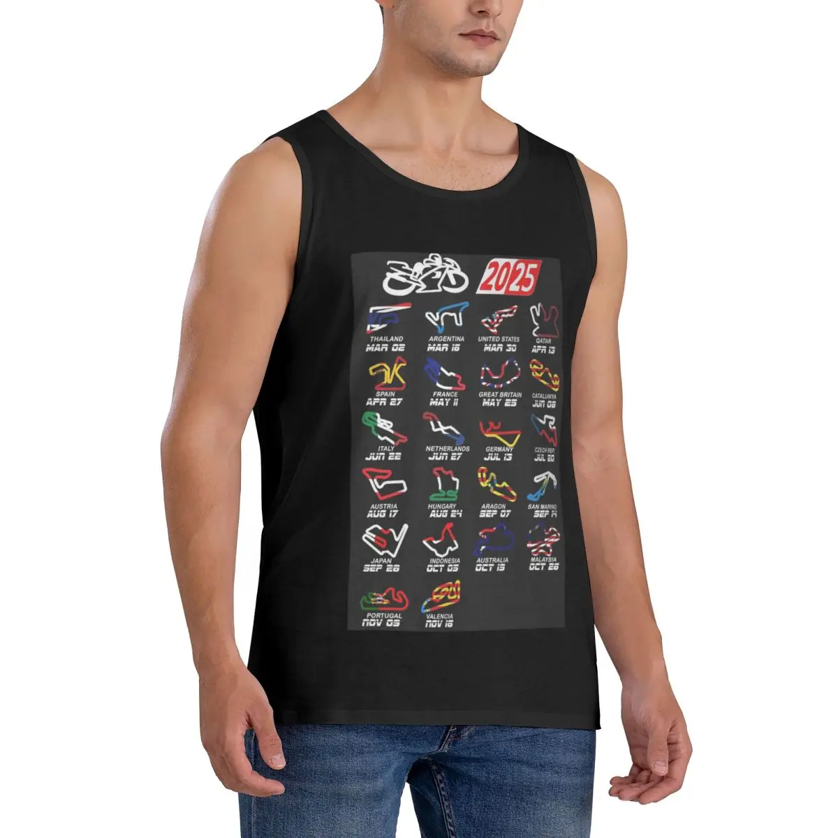 100% Cotton Calendar Season 2025 MotoGp Circuits Sleeveless T-Shirt Men Workout Sports Clothing Tops Men's Crew Neck Vest