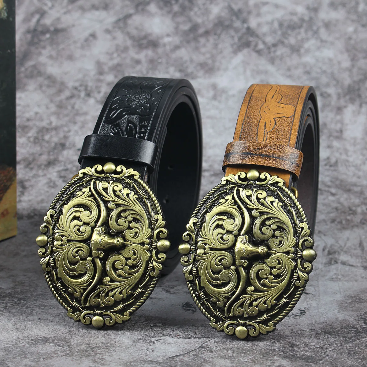 

Black Head Big bull head 3.7cm wide men's and women's Western bull head denim style bull scalprendy belt smooth buckle