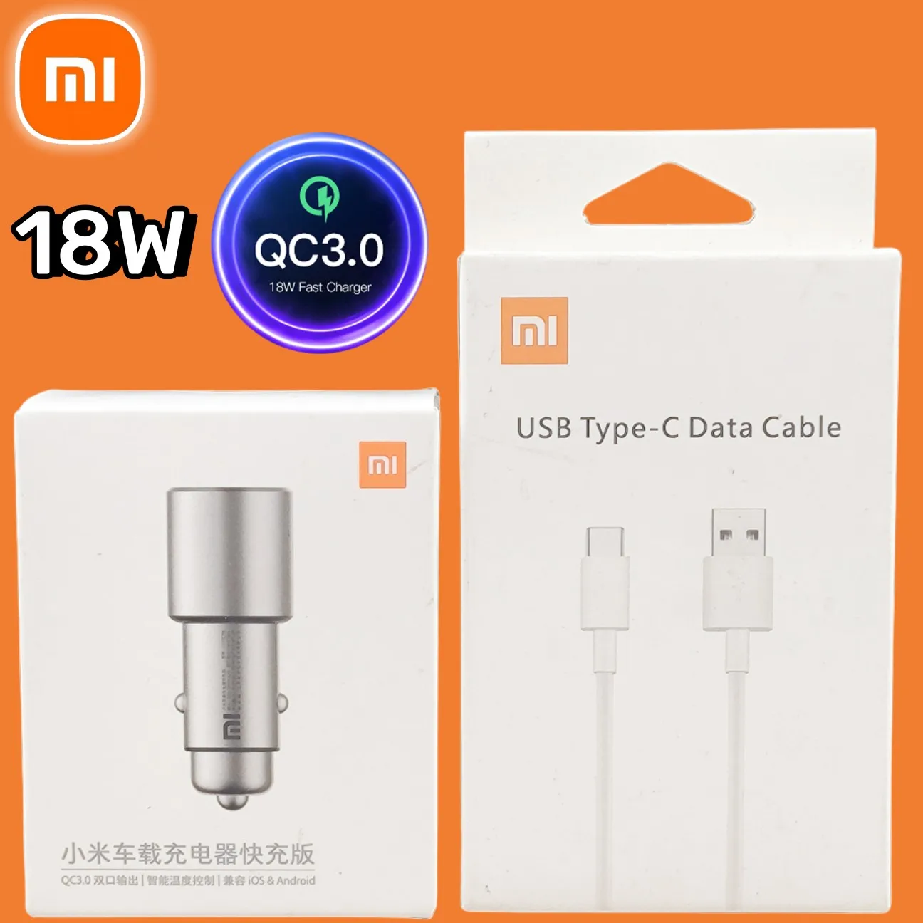 Xiaomi Mi Car Charger 18W QC 3.0 Original Fast Dual Usb Type C Cable Charging For Mi 9 8 Poco X3 F3 M3 RedMi Note 12 11 10 Pro