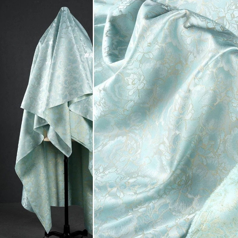 

Light Blue Lotus Brocade Jacquard Gold Fabric China-Chic Jacket Vest Skirt Shiny Gilded Fabric