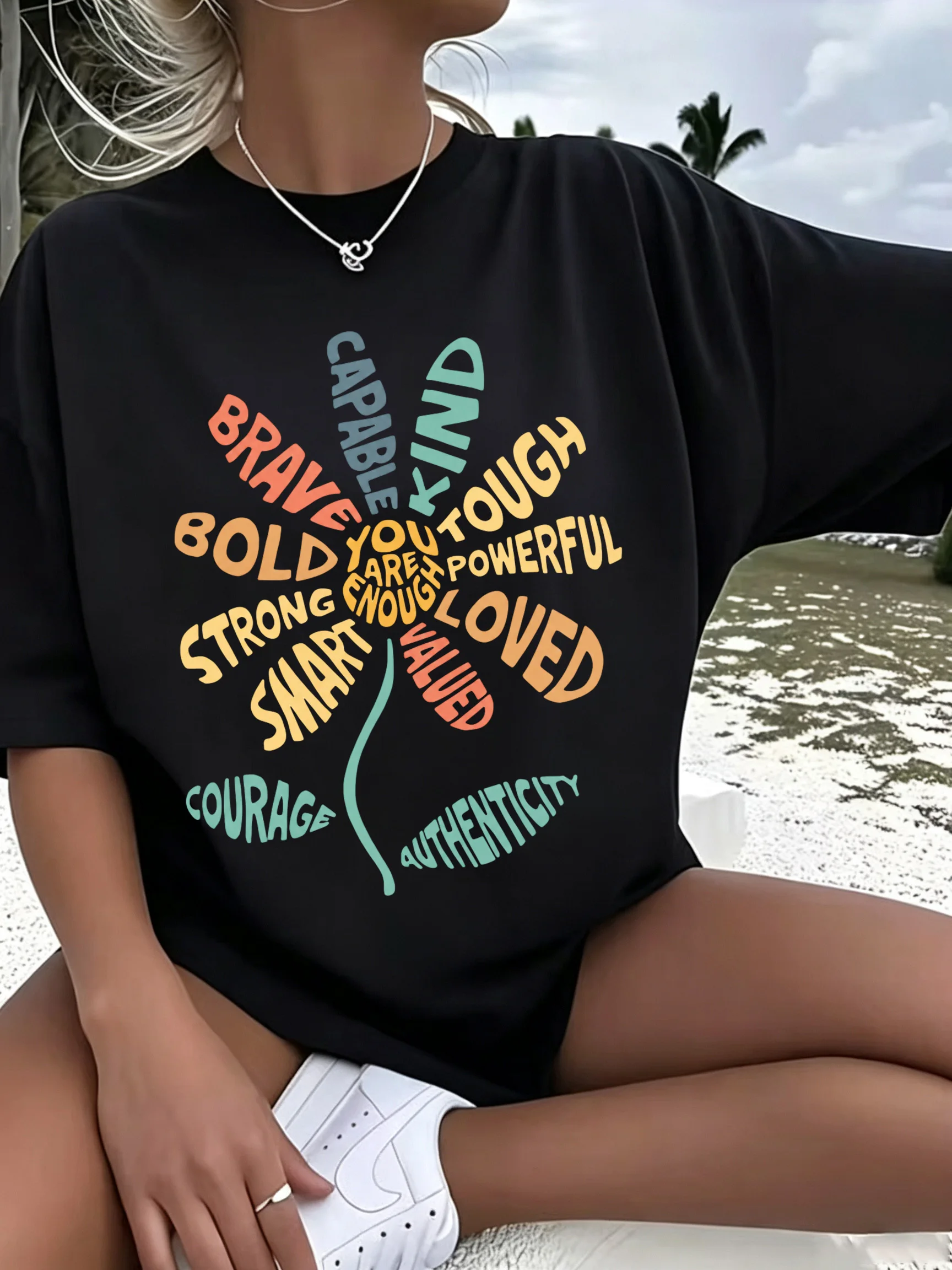 【WZM17770】Large size women's short sleeved Tshirt with letter flower print short sleeved street fashion casual round neck summer