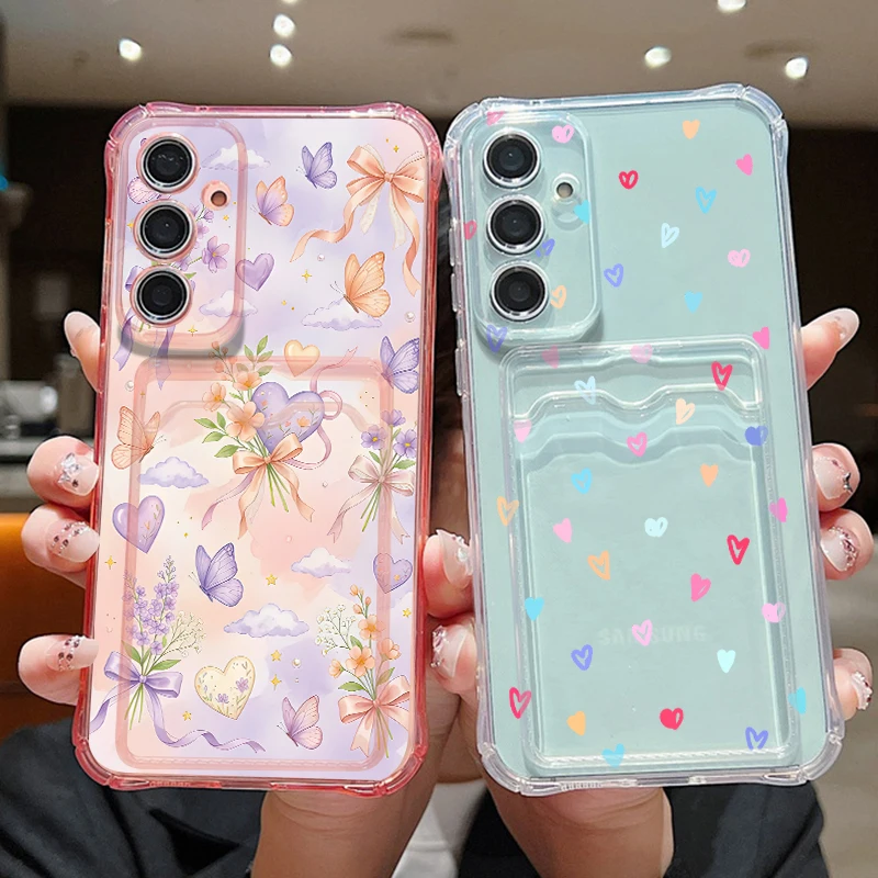 Card Slot Clear Phone Case For Samsung Galaxy S26 S25 S24 Ultra S23 S25 FE A57 A17 A56 A55 A37 A16 A54 Love Heart Printed Cover