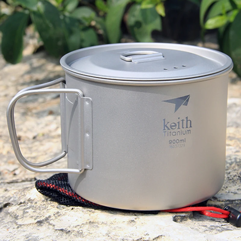 Keith 900ml Portable Outdoor Camping Hiking Travel Titanium Water Cup Titanium Mug With Lid Foldable Handle Ti3209