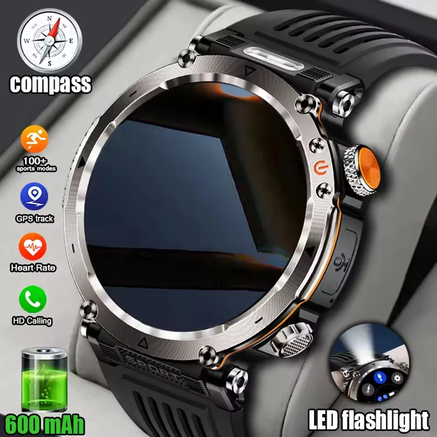 

5ATM Outdoor Smart Watch Men 600mAh LED Flashlight SmartWatch Compass Bluetooth call Heart rate IP 68 Sports Smartwatch 2025 New