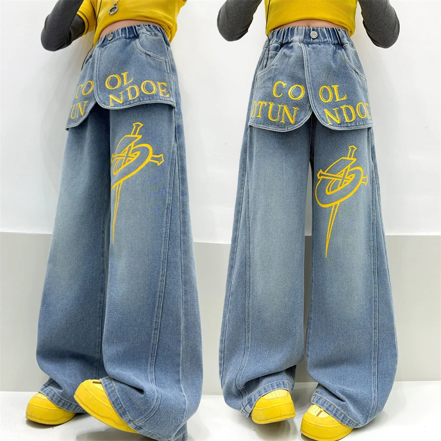 

High Fashion Children Girls Attached Skirt Over Jeans Letters Print Kids Retro High-Waisted Straight Leg Casual Denim Pants